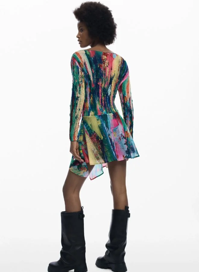 DESIGUAL multicolor abstract print Ruched Asymmetrical Dress for Women | Best Price UAE
